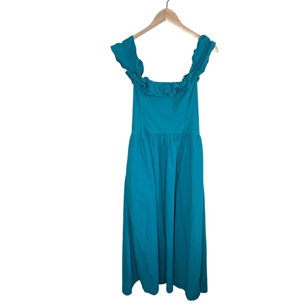 Free People Boho Ruffle it Up Teal Cotton Midi Dress Size Large